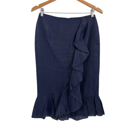 BODEN Women's Navy Linen Ruffle Front & Hem Straight Skirt US 4 - Picture 1 of 6